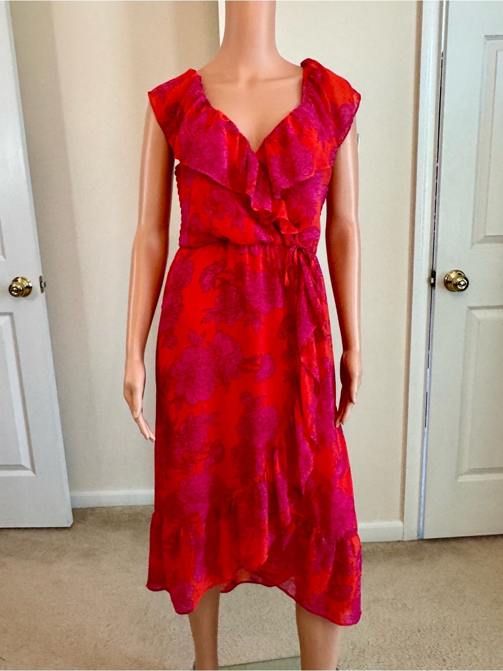 Lily Rose Flowy Orange Pink Floral Chiffon Ruffled Midi Sun Dress Fairy Large